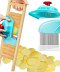 3-piece waffle fry cutter set with blue handheld slicer, stainless steel blades and protective cover for potatoes