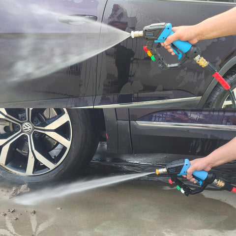 5000 PSI Beast Power Pressure Washer Gun With Swivel, Foam Cannon in use on a car and driveway, showing high-pressure cleaning