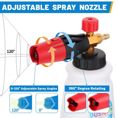 Foam Cannon For Pressure Washer Gun Kit With 1 Quarter Inch Quick Connect, adjustable spray nozzle, 0-120 degree angles.