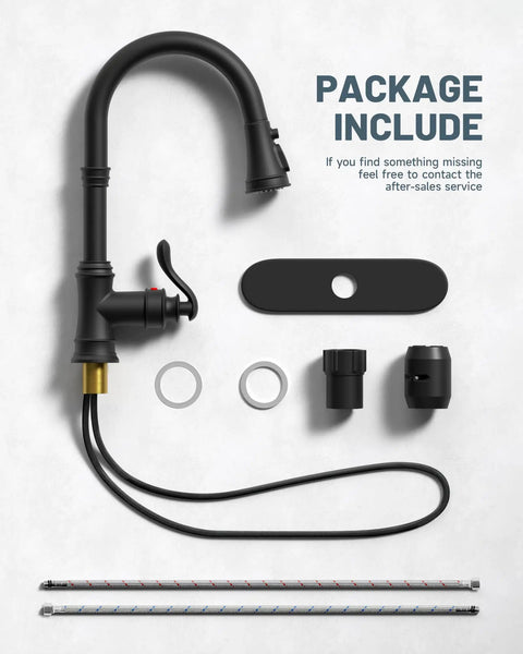 Package contents of Matte Black Kitchen Sink Faucet With Pull Down Sprayer Three Outlet Modes Farmhouse Style Single Hole