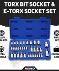 35 Piece Torx Bit Socket And ETorx Star Socket Set For Heavy Duty Torque In blue case with S2 steel tools displayed.