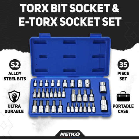 35 Piece Torx Bit Socket And ETorx Star Socket Set For Heavy Duty Torque In blue case with S2 steel tools displayed.