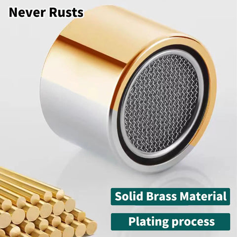Heavy Duty Four Pack Bathroom Sink Aerator Made Of Premium Solid Brass And Stainless Steel Fits Standard Female Thread Taps To Deliver Smooth Two Point Two Gpm Water Flow Plus Cut Splash Mess Around Your Kitchen Or Bathroom Today, close-up of aerator with solid brass material.