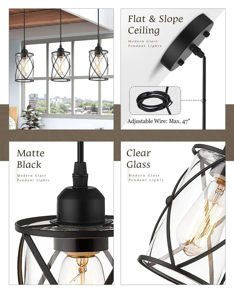 Black Glass Pendant Lights Two Pack With Clear Glass Cylinders, Industrial Farmhouse Cage Hanging Lights for ceilings.