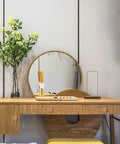 Boho Wood Dresser Drawer Knobs Set Handmade Rattan Woven Cabinet Pulls on wooden vanity in bedroom with round mirror