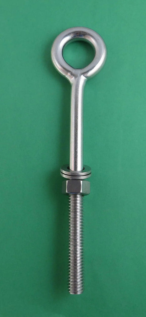Top Shelf Beefy Stainless Steel 316 Marine Grade Eye Bolt Half Inch By Eight Inch Short Thread Heavy Duty Rigging Hardware with nut and flat washer.