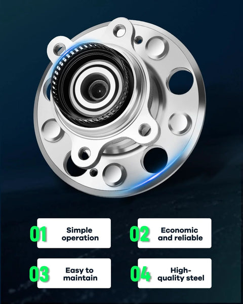 Rear Wheel Bearing Hub Assembly With ABS For Hyundai Elantra 2007 2008 2009 2010 2011 2012 5 Lug 512340 Fits Both Left And Right Rear Sides 1 Pc Replacement, depicted in a frontal view, made of high-quality steel with labeled features.