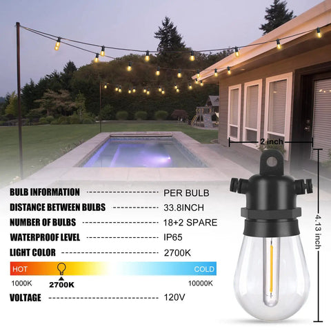 Outdoor LED String Lights 54 Ft Weatherproof IP65 Shatterproof 20 Sockets Patio Lights With 27W UL Listed Wire over pool