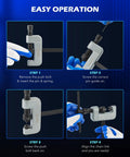 Orion Motor Tech chain breaker tool kit in gray C-frame with black bolts, shown in step-by-step guide for motorcycle chains.