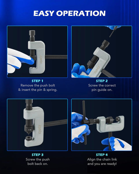 Orion Motor Tech chain breaker tool kit in gray C-frame with black bolts, shown in step-by-step guide for motorcycle chains.