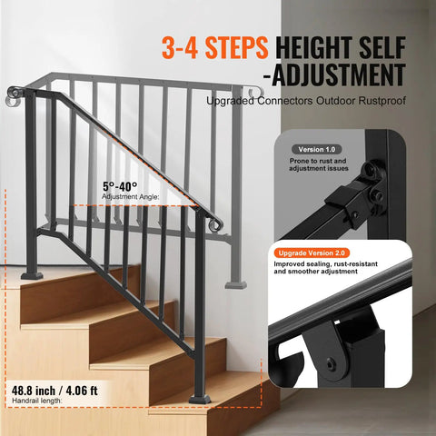 Tough As Nails Outdoor Stair Handrail Kit For Three To Four Steps Featuring Rust Proof Iron Railings with adjustable height on stairs.