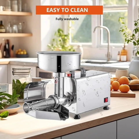 Premium 220 Stainless Steel Commercial Electric Food Strainer And Press Machine For Puree, Sauce, And Juice Making in a kitchen setting.