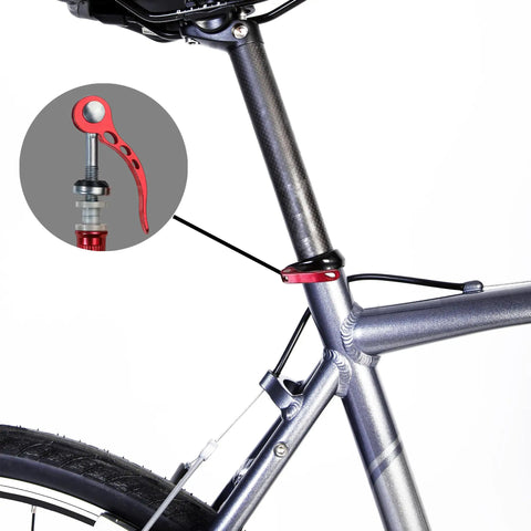 Close-up of red quick release bike seat post clamp set, 10 pack, no tools needed for height adjustment, cam lever for secure fit.