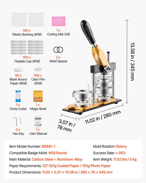 Heavy Hitter 2.25 Button Maker Machine With Solid Steel Mold And Comfort Grip, Complete 100 Pc Pin Component Kit With Precision Round Cutter