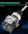 Two Position Momentary Joystick Switch With Two Normally Open Contacts, spring return, 22mm mounting, shown on blue background