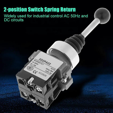 Two Position Momentary Joystick Switch With Two Normally Open Contacts, spring return, 22mm mounting, shown on blue background