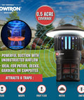 Flowtron insect trap outdoor image with half-acre coverage, cordless design, showing powerful suction and LED light for patios.