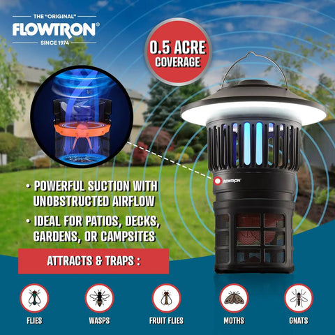 Flowtron insect trap outdoor image with half-acre coverage, cordless design, showing powerful suction and LED light for patios.