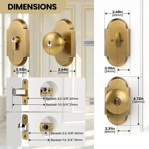 Antique Brass Door Knob With Deadbolt, Keyed Alike Exterior Lock Set, Zinc Alloy Front Door Hardware Built To Last dimensions