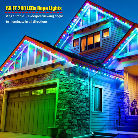 66ft Waterproof LED Rope Lights With Remote Color Changing Fairy String Lights on glowing house exterior