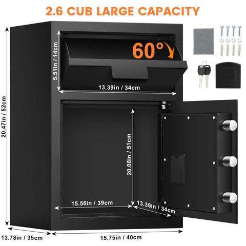 2.7 Cubic Drop Slot Safe for Cash and Jewelry with Deposit Slot and Sawtooth Edge, open with dimensions visible