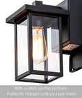 Outdoor Wall Light With GFCI Outlet, Black Exterior Sconce for Porch and Patio, close-up of lighted fixture with receptacles visible