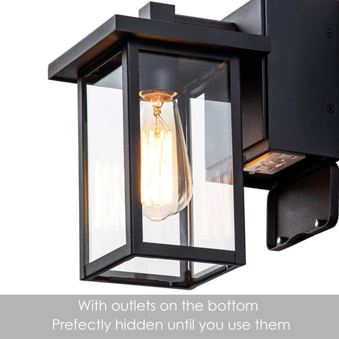 Outdoor Wall Light With GFCI Outlet, Black Exterior Sconce for Porch and Patio, close-up of lighted fixture with receptacles visible