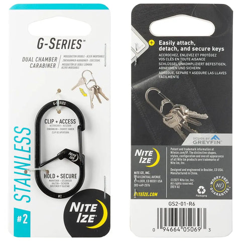 Package of G-Series Dual Chamber Carabiner Size 3 Stainless Steel 1 Pack For Keys And Grab And Go Gear, Secure Inner Gate Design