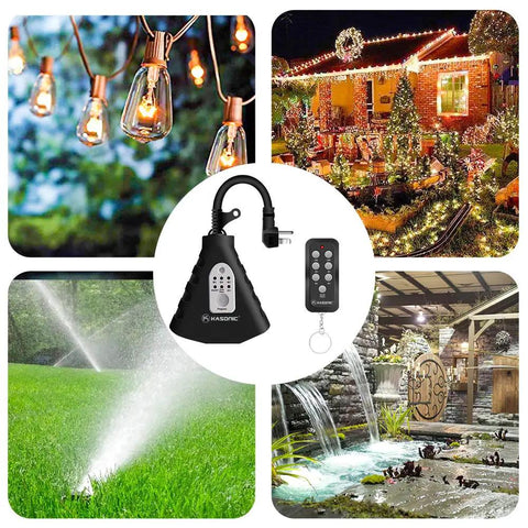 Kickass Waterproof Plug In Outdoor Light Timer With Remote Control And Automatic Dusk To Dawn Sensor Switch For Yard Halloween Christmas Seasonal Lighting with remote and outdoor setup.