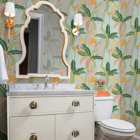 Tropical Botanical Vinyl Wallpaper Featuring Subtle Leather Texture Built Different Heavy Duty Commercial Grade Finish Custom Printed, view of bathroom with green and yellow leaf pattern.