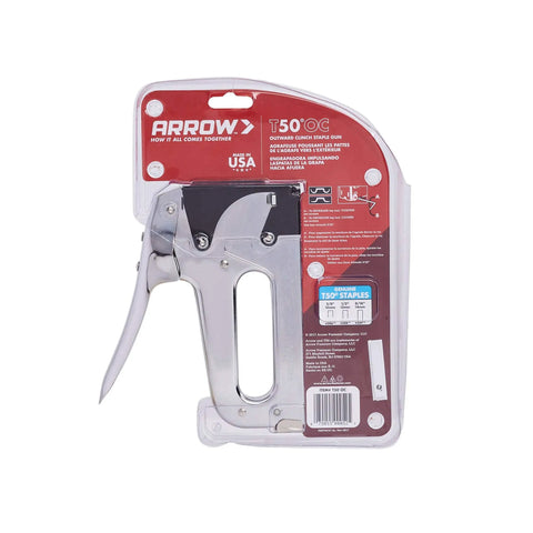 Outward Clinch Heavy Duty Staple Gun For Packaging And Boxes in retail packaging, shown from the left side, silver and red design
