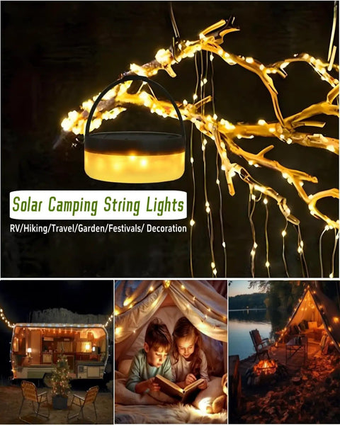 All In One Solar Camping Lantern And String Lights With 150 Warm White LEDs, 39.4 Ft Fairy String Light hanging on branches