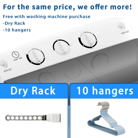 Portable Twin Tub Washing Machine With Drying Rack And Ten Hangers, 12 Lb Washer Plus 7 Lb Spinner, controls and accessories shown.
