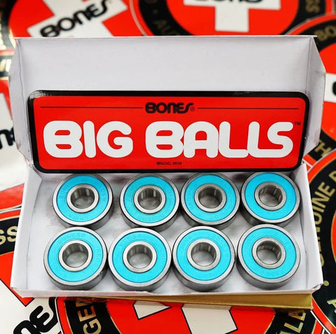 Front view of Bones Big Balls skateboard bearings eight-pack with blue shields and silver inner rings