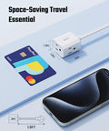 No More Juggling Plugs Ultra Slim 1.5 Ft Flat Extension Cord With Three Grounded Outlets next to a phone and card.
