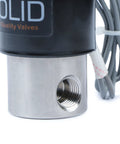 Close-up of stainless steel 1/4 inch electric solenoid valve 24VDC normally closed with Viton seals, showing industrial grade port.