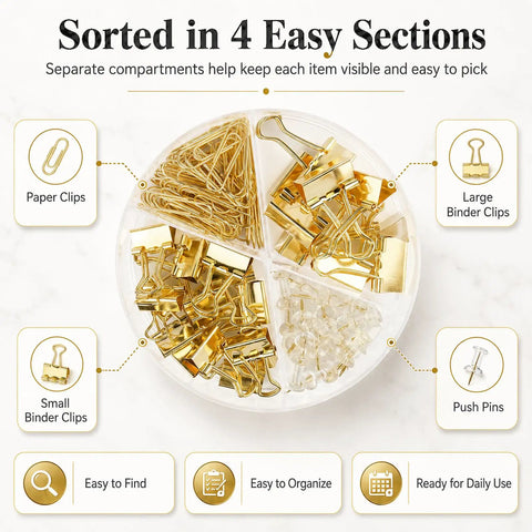 Gold Paper Binder And Clip Set With Push Pins, Metal Assorted Sized Binders, Paper Clips, And Holder in 4-section organizer