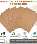 Stack of brown corrugated cardboard sheets labeled as non-toxic and recyclable, suitable for shipping, sturdy and strong.