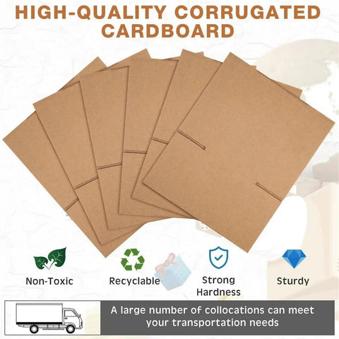 Stack of brown corrugated cardboard sheets labeled as non-toxic and recyclable, suitable for shipping, sturdy and strong.