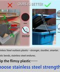 Comparison of sturdy stainless steel trash can lid holder and flimsy plastic alternatives, highlighting durability and practicality.