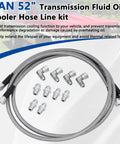 6AN 52 Inch Transmission Cooler Hose Line Kit with stainless steel braided PTFE lines, connectors, and elbows for GM Chevy Ford GMC Buick Cadillac