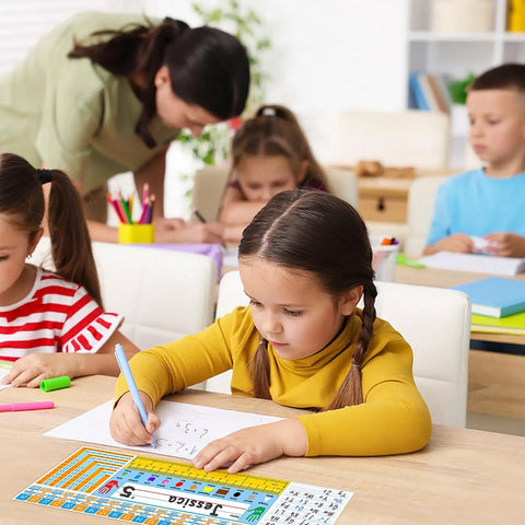 Child using Self Adhesive Classroom Nameplates With Alphabet Chart, Numbers And Addition Chart, Shapes And Colors, Ruler Desk Tags.