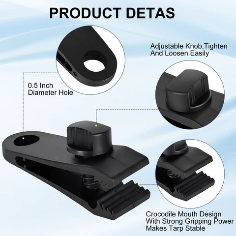 Close-up of Heavy Duty Tarp Clips 45 Piece Set with elastic rope and lock grip clamps, highlighting adjustable knob and 0.5-inch hole.