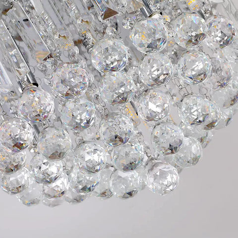 Close-up of crystal beads on Lit Crystal Raindrop Chandelier Flush Mount Ceiling Light With G9 Base Modern K9 Crystal Beads Chrome Finish Sleek Pendant For Dining Room Living Room Bedroom Easy Install 11 Inch High By 16 Inch Wide