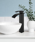 Waterfall Tall Bathroom Faucet With 1 Hole Single Handle 304 Stainless Steel Vessel Sink Faucet Matte Black on white sink