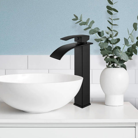 Waterfall Tall Bathroom Faucet With 1 Hole Single Handle 304 Stainless Steel Vessel Sink Faucet Matte Black on white sink