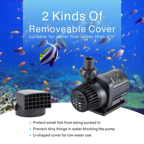 Front view of Hygger 800 GPH submersible water pump with external outlet and mesh intake, black plastic
