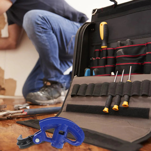 Gleavi Manual Conduit Bender Tool With Steel Bending Head And Spring Hook, blue handheld tool on a workstation.