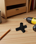 4-Way Plastic Shoe Rack Connectors, 16mm Inner Diameter, Black Replacement Pipe Joints on wooden table with tools