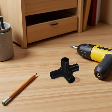 4-Way Plastic Shoe Rack Connectors, 16mm Inner Diameter, Black Replacement Pipe Joints on wooden table with tools